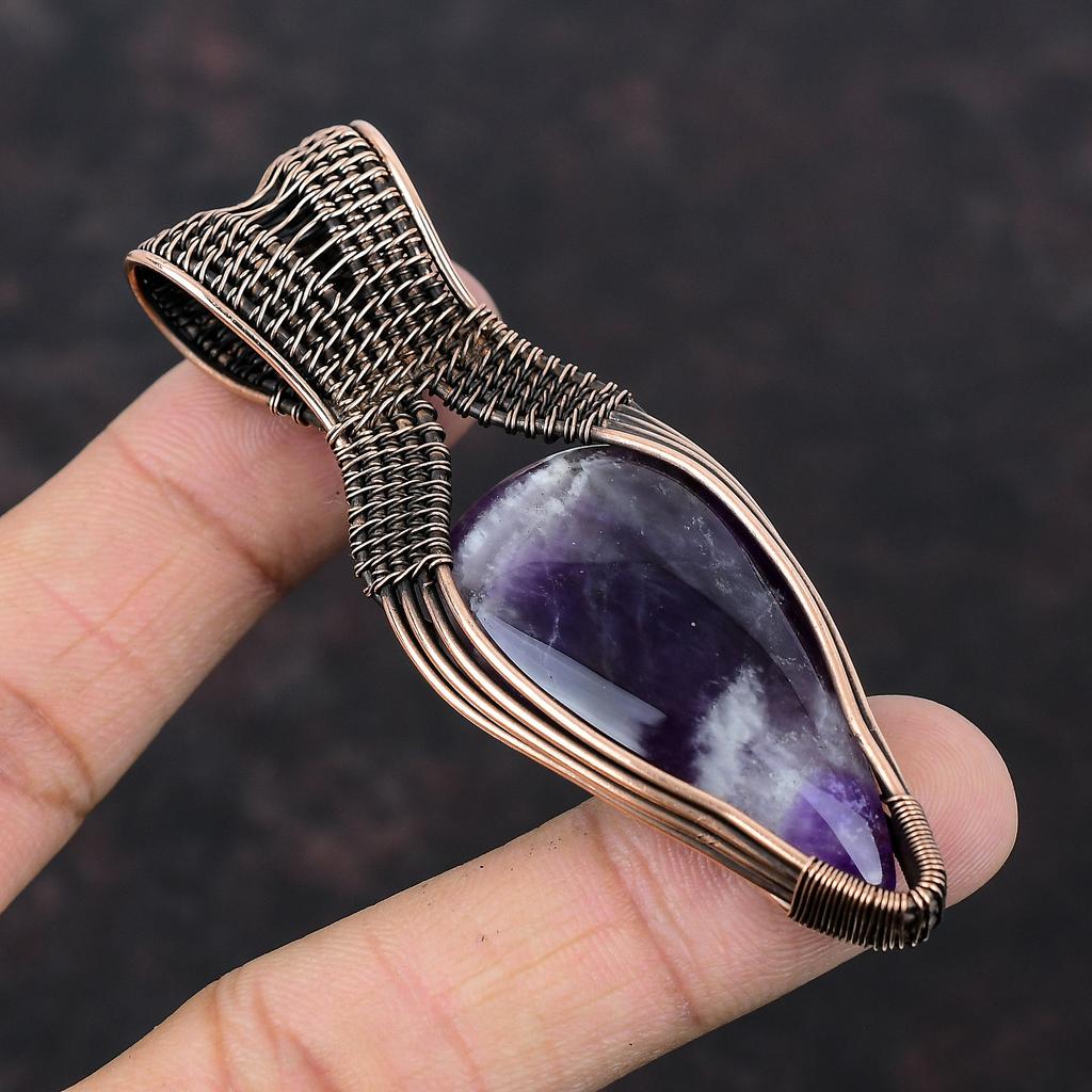 Chevron Amethyst Copper Pendant Copper Wire Wrapped Jewelry Original Gemstone Pendant Copper Wire Pendant Handmade Jewelry Anniversary Gift