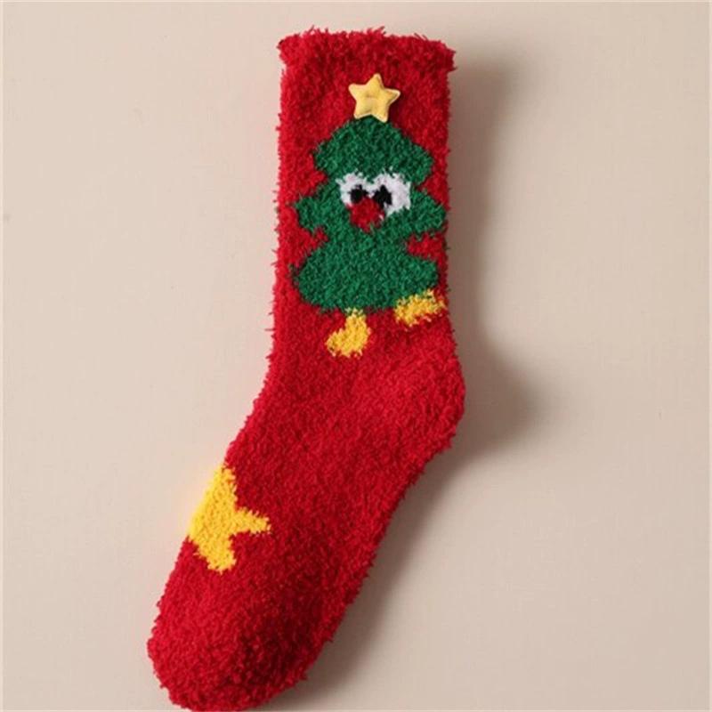 Winter Coral Velvet Christmas Socks Women's Soft Thickened Warm Cartoon Cute Santa Claus Kids Christmas Gift Floor Sleep Socks