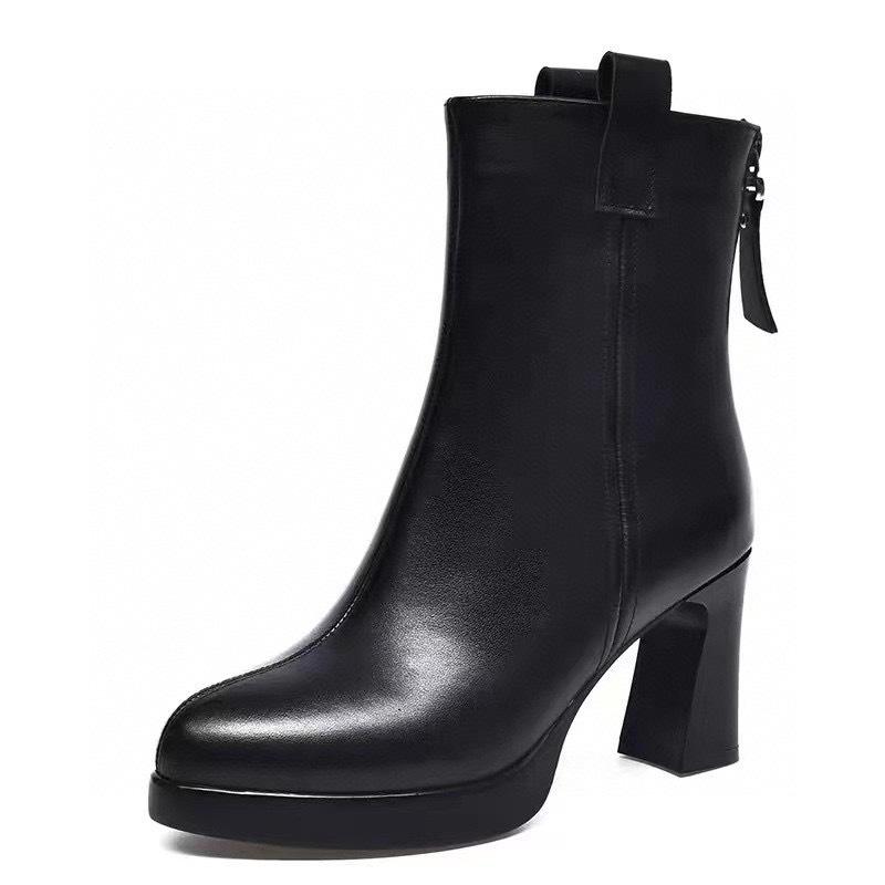 Leather boots women's 2025 autumn and winter new pointed thick heel high heel short boots fashion boots European and American style zipper women