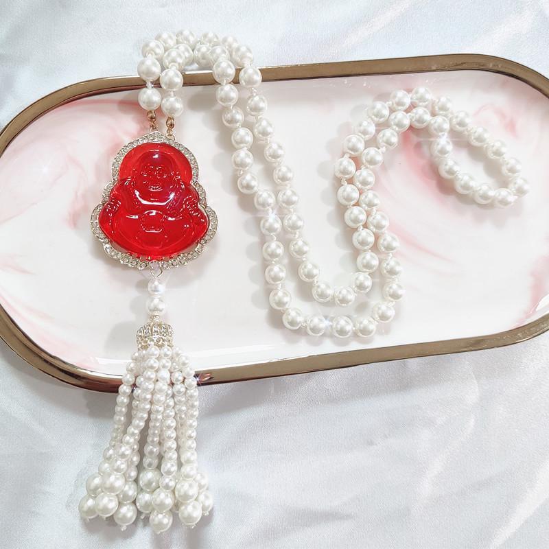 Luxury Imitation Chalcedony Buddha Sweater Chain Necklace - Autumn/Winter Fashionable Versatile Accessory for Women