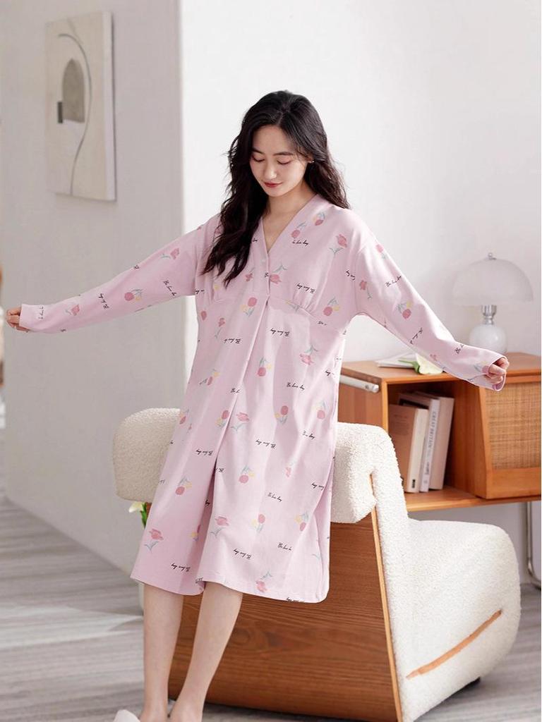 Bavlnová těhotenská noční košile s prsními vložkami pro předporodní a poporodní kojení, jarní/podzimní nošení