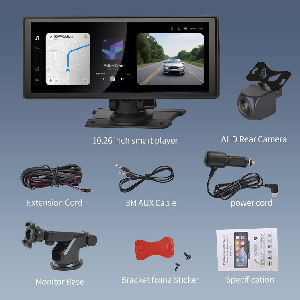 4K Dashcam med Trådlös CarPlay-skärm 1080P Backkamera för Bärbar Bilstereo med CarPlay Android GPS Mirror Link BY-J 10.26in & Bilar,