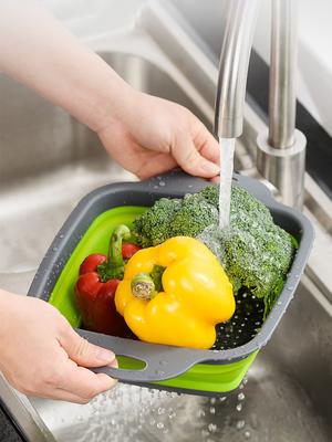 Foldable Square Vegetable Fruit Drain Basket with Handle Food Storage Basket Vegetable Washing Strainer Fruit Tray Kitchen Tool