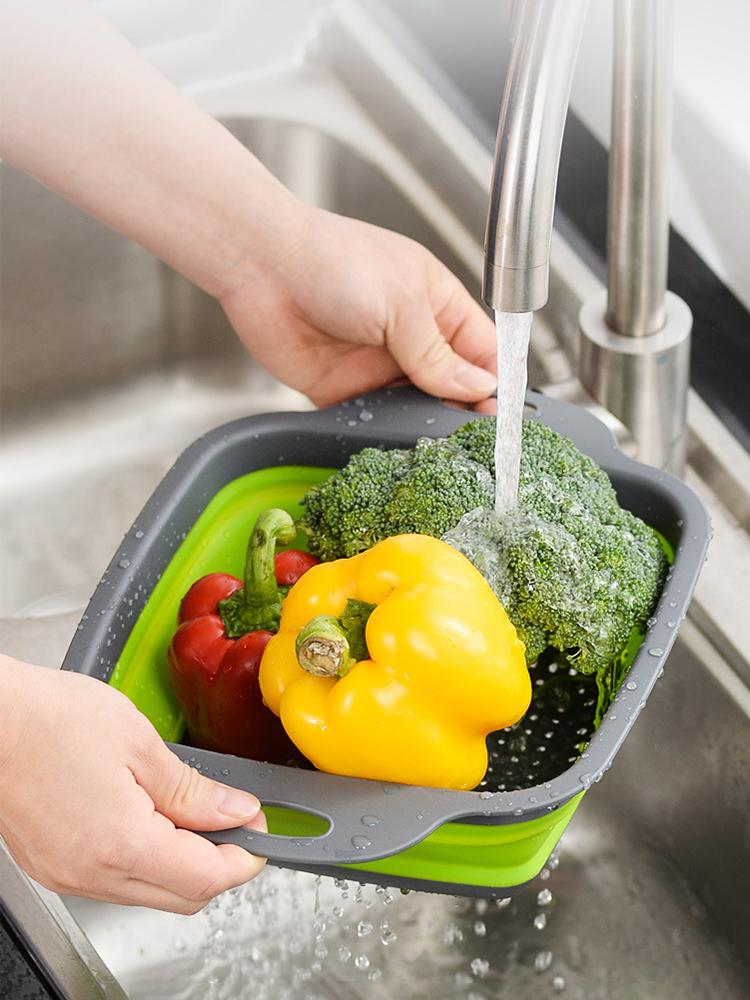 Foldable Square Vegetable Fruit Drain Basket with Handle Food Storage Basket Vegetable Washing Strainer Fruit Tray Kitchen Tool