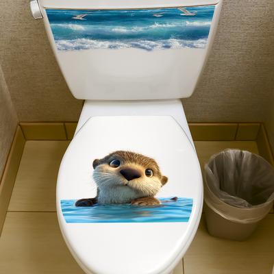 Realistic Cartoon Otter In Sea Water Wall Sticker Waterproof Toilet Lid Sticker Bathroom Decor Self Adhesive Removable