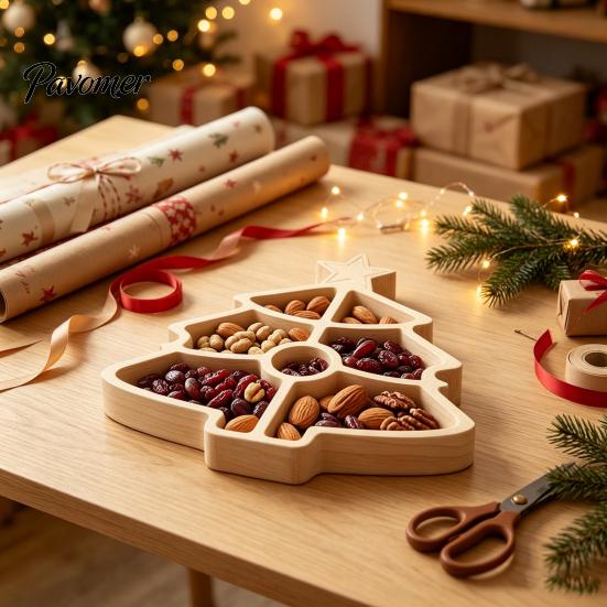 Solid Wood Fruit Bowls Wooden Christmas Divided Tray, Gingerbread Man Santa Xmas Tree Compartment Snack Rustic Kitchen Table Decor Platter,