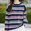 Autumn New Crew Neck Knitted Sweater Long Sleeve Women'S Navy Blue Color Matching Striped Loose Pullover Wool Bottoming Shirt