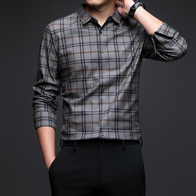 Camisa fina transpirable para hombre de primavera y otoño, nueva camisa de negocios de mediana edad con solapa de manga larga a cuadros, moda informal