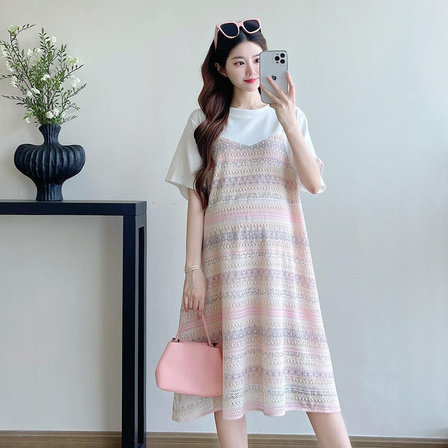 2026 Spring/Summer Ice-Cool Pink Striped Maternity Knit Dress - Faux Two-Piece, Slim Fit for Romantic Vacations M