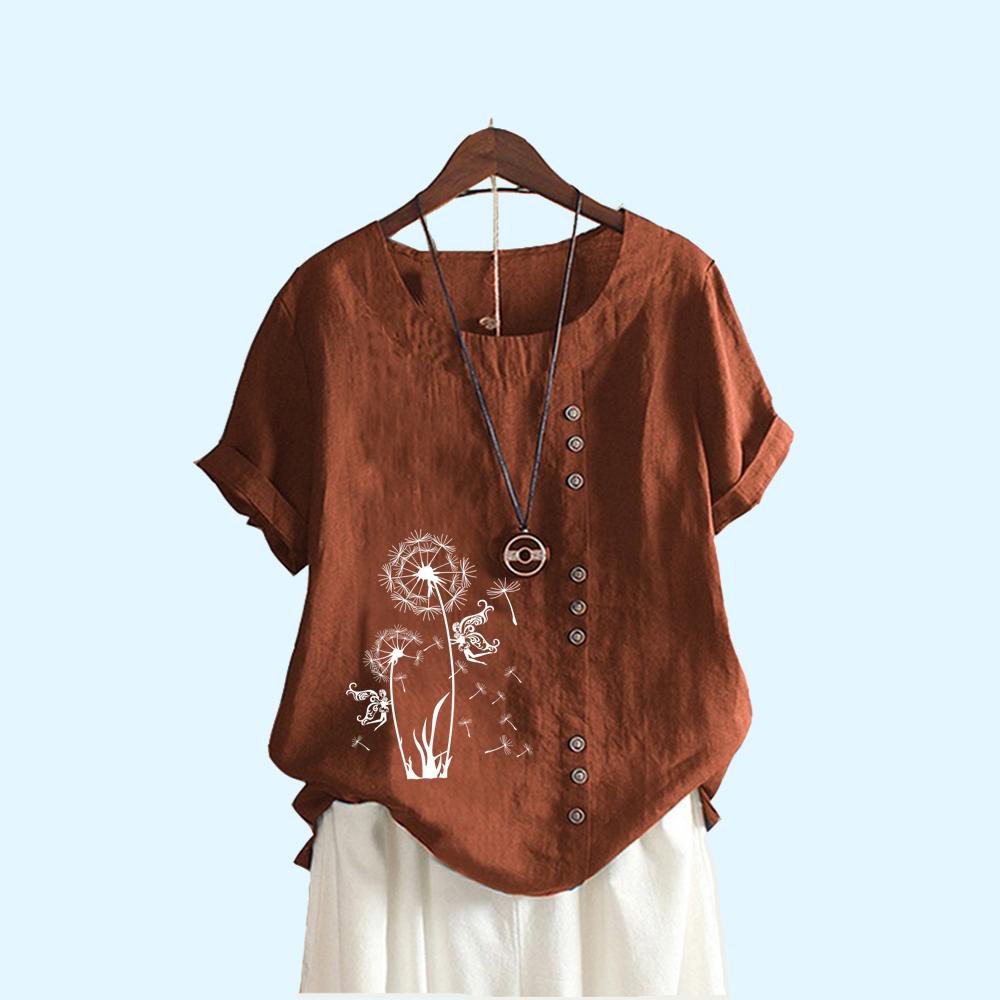 Women Fashion Print T-shirt Casual Short Sleeve Top Summer Round Collar Loose Plus Size Blouses