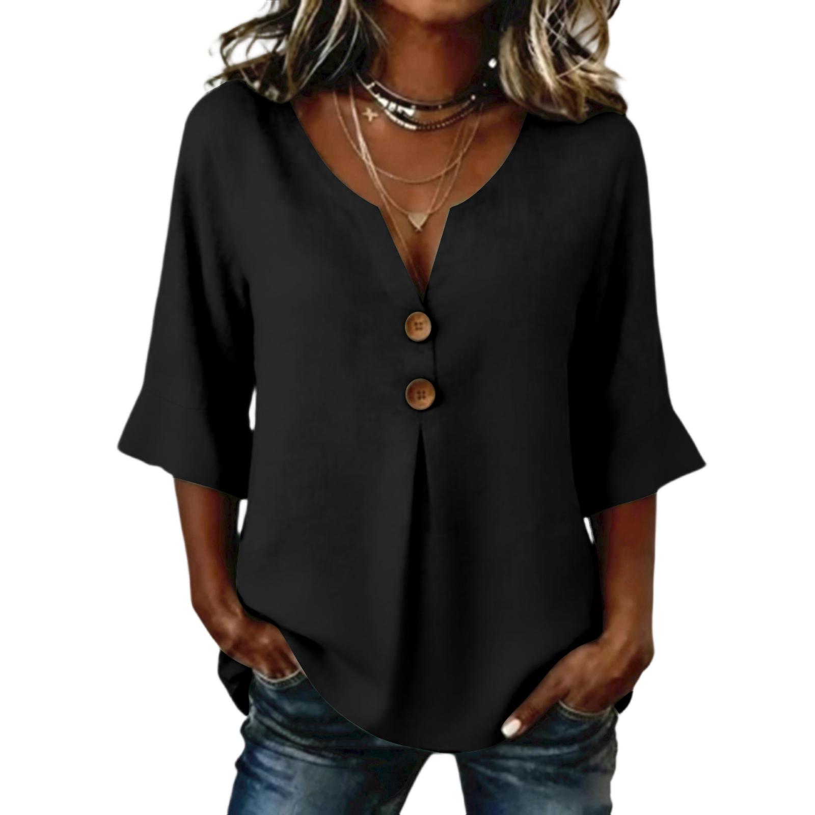 

Women s Color Loose Casual Cotton Linen V-neck Fashionable Mid Sleeved Shirt Top L чёрный