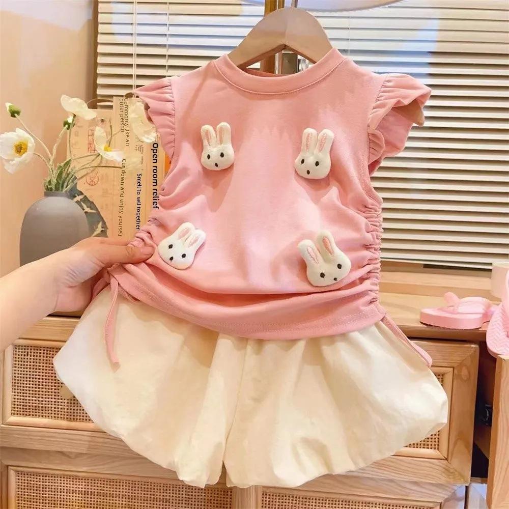 Girls Summer Cute 3D Bunny Drawstring Top And Bud Shorts Two Piece Set Trendy Kids Outfit