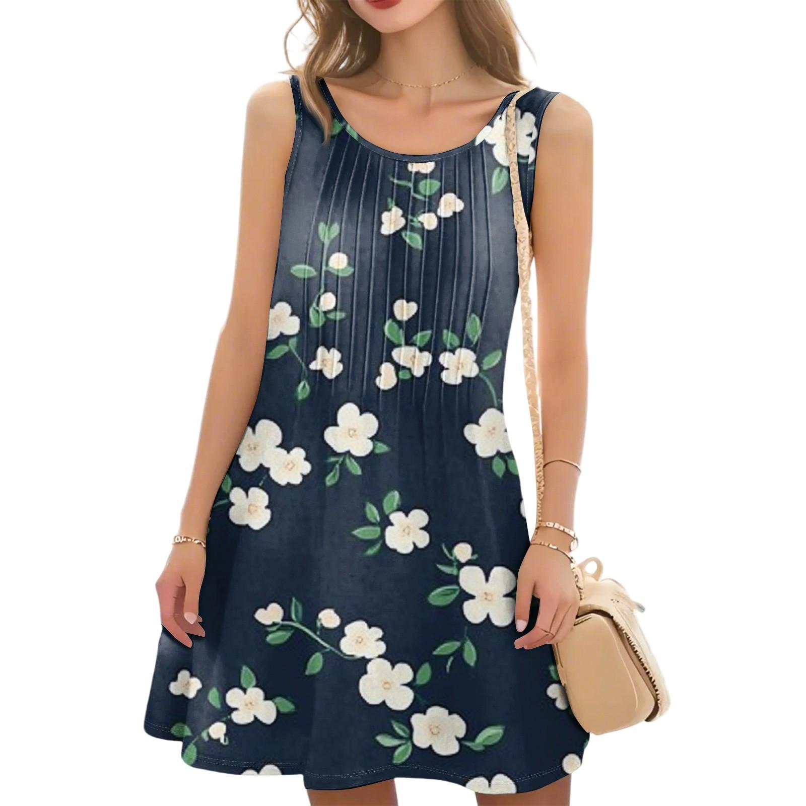 

Женское повседневное модное платье с цветочным принтом и круглым вырезом без рукавов S тёмно-синий