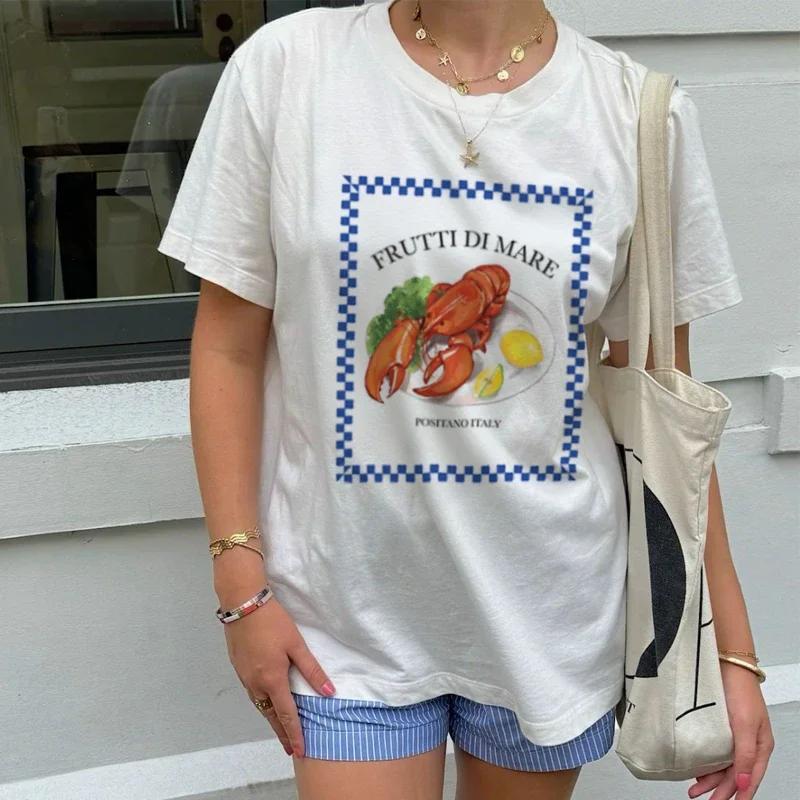 

Summer Women Fashion Tops Italian Lobster Seafood Short Sleeve Tshirts Retro Beach Vacation TShirts Y2k Aesthetic Foodie Shirt S