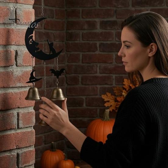 Crisp Sound Wind Chime Halloween Broomstick Witch Bells, Vintage Gothic Metal Hanging Peaceful Home Decor Ornaments for Door Wall Window Porch Indoor
