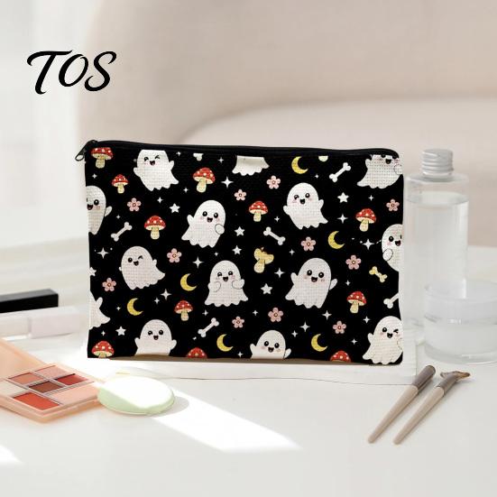 Durable Data Cable Organizer Cosmetic Bag, Halloween Pattern Print Makeup Canvas Student Stationery Pencil Pouch Zipper Pouch, for Change Storage Cute