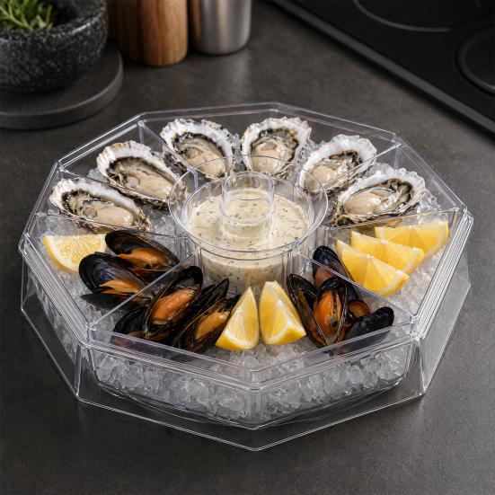 Rotating Serving Tray, with Multi-Compartment And Central Sauce Cup Design, Food Tray for Cold Cuts Seafood Fruits Vegetables