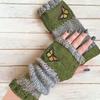 Gants en tricot sans doigts avec broderie de chat et patchwork, Gants décontractés ouverts aux doigts tendance pour femme, Mitaines chaudes d'hiver sans doigts