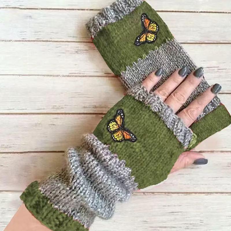 Gants en tricot sans doigts avec broderie de chat et patchwork, Gants décontractés ouverts aux doigts tendance pour femme, Mitaines chaudes d'hiver sans doigts
