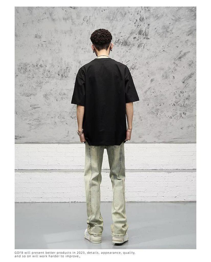 Unisex American Retro Flared Yellow Mud-Dyed Jeans