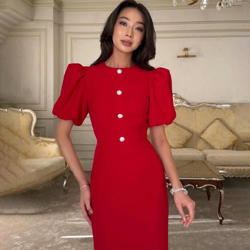 European & American Women's Fashion: Solid Color Round Neck Short Sleeve Buttoned Bodycon Dress (Style 2026)