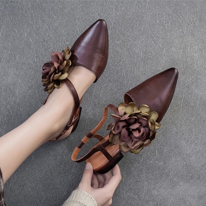 Fashion GKTINOO Genuine Leather French Flower Pointed Toe Sandals 2025 Summer New Retro Versatile Women's Low Heel Shoes