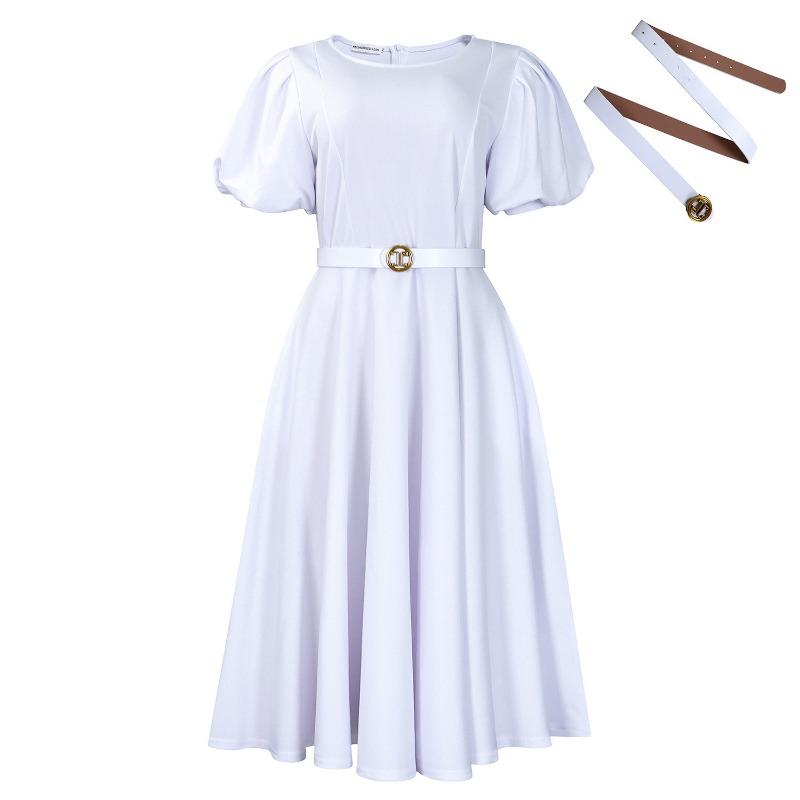 Women's summer fashion bubble sleeves elegant high waist solid color round neck large skirt dress