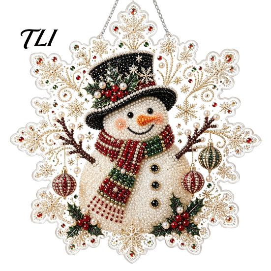 Handmade Christmas Tree Decor Faux Pearl Painting Suncatcher Kit, Acrylic Snowflake Shaped Board with Lace Crystal Beading Craft Set Edge, 3D Gemstone