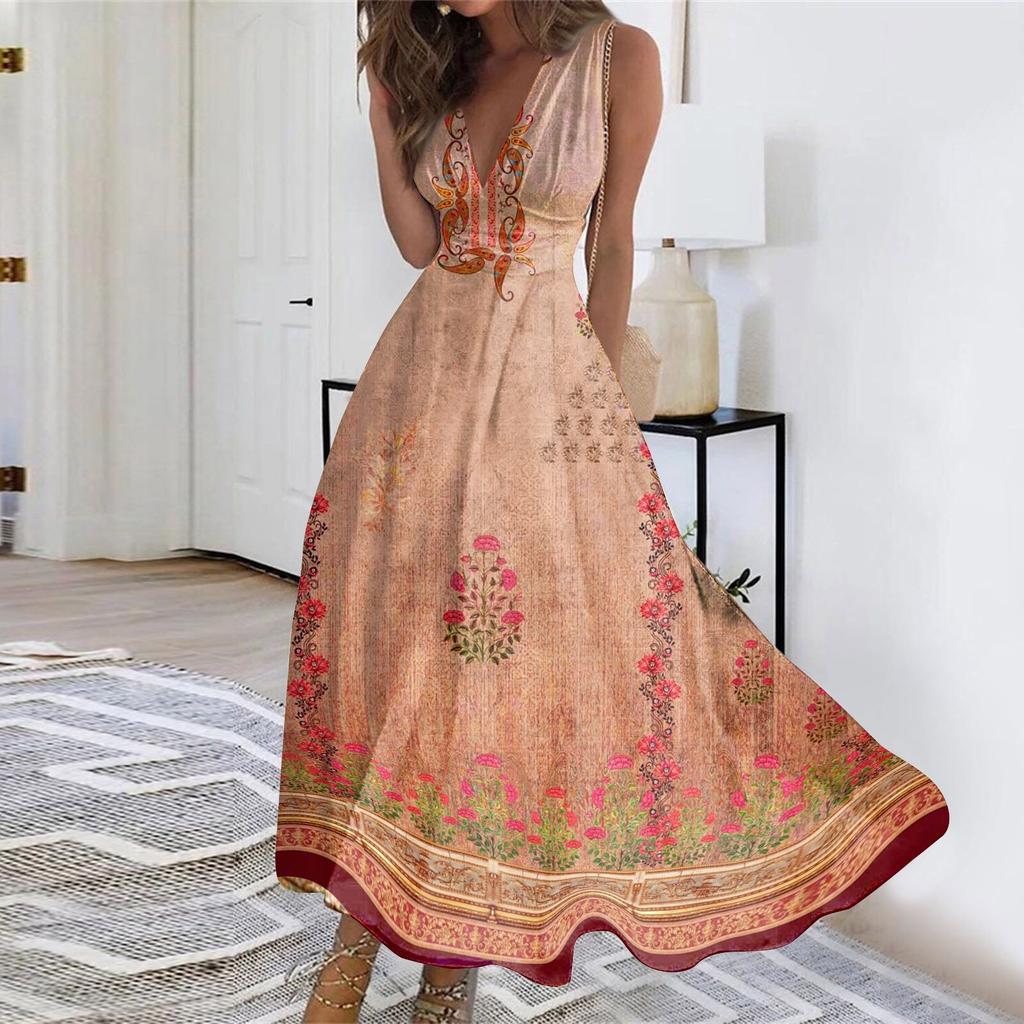 Robe longue pour femmes, robe Maxi décontractée, été, décontractée, sans manches, col en V, style Boho, taille rétractée, robe imprimée