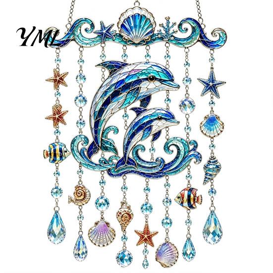 Stained Glass Acrylic Ornament Ocean-Themed Wind Chime Decoration, Animal Hanging Sun Catcher with Faux Crystal Drops, Beach House Wall Ornaments for