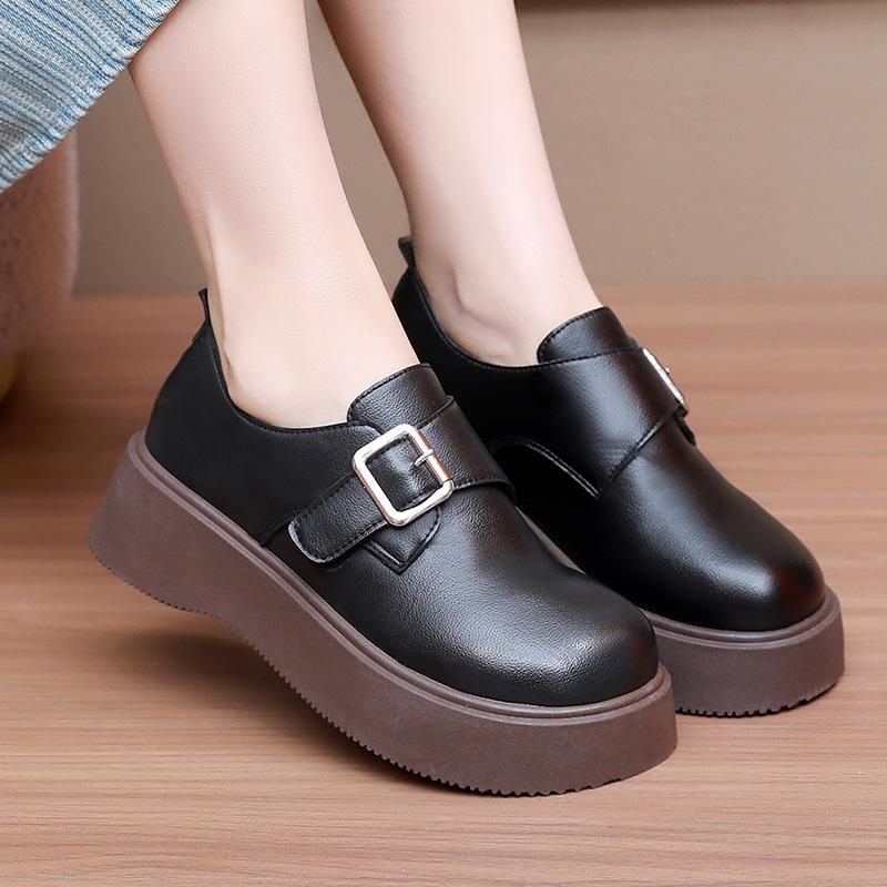 Fashion Versatile Retro Women's Loafers - One Foot Stirrup Thick Bottom Soft Elastic Height Increase Comfortable Popular Not Tired Leather Shoes