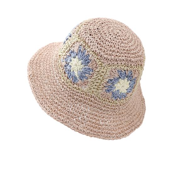 

Straw Hat Bohemian Floral Pattern Foldable Beach Hat Wide Brim Hollow Design Bucket Hat Breathable Summer Accessory розовый