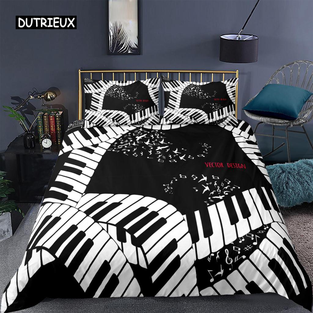 Piano Duvet Cover Set Black Piano Keyboard Music Note Kids Bedding Set Music Theme King Size 2/3pcs Soft Twin Comforter Cover
