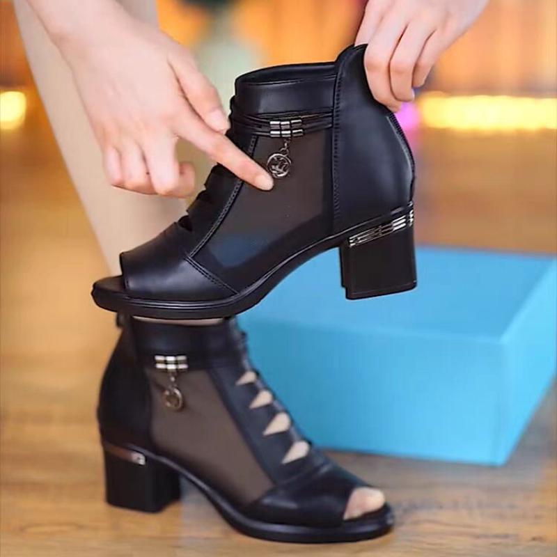 2025 New Women's Shoes Mesh Female Boots Fashion Thick Heels Mom Shoes Breathable Fish Mouth Shoes Back Zip Women Ankle Boots