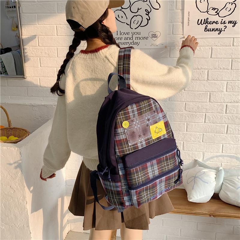 Schoolbag Japanese plaid student schoolbag niche ins style retro versatile cute high school student large capacity backpack