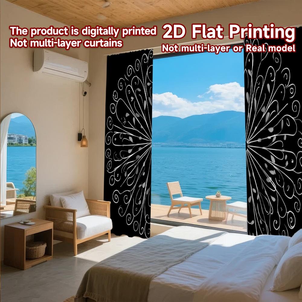 2D FLAT PRINTING 2pcs Curtains (Without Rod) Floral Swirls and Curves (2) Ramadan Festival Chic Print Curtains Semi-Sheer
