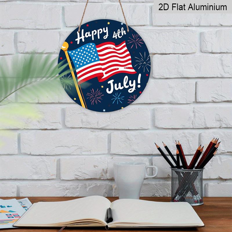 2D Flat 1pc, 8x8 In, Happy Fourth of July Round Aluminum Metal Sign, Fireworks & Stars Design, Inspired Wall Art for Living Room, Bedroom, Porch