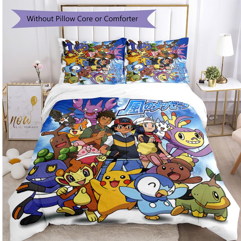 Pokémon Pattern Printed 3PCS Bedding Set, Soft Skin-Friendly Washable Duvet Cover & Pillowcases Set