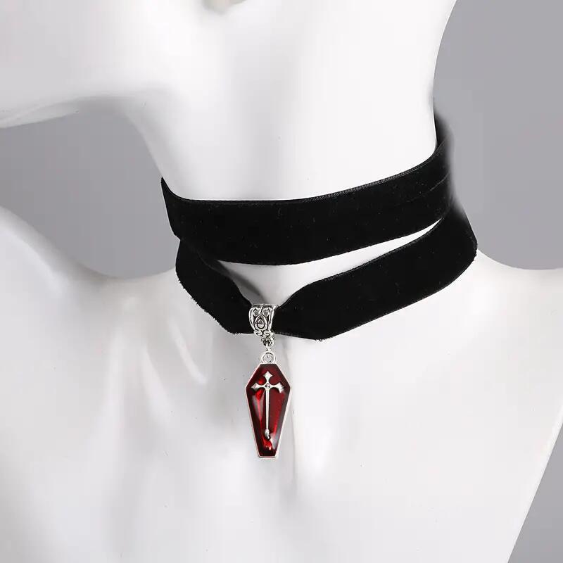 

Gothic Retro Geometry Coffin Cross Pendant Velvet Chokers Necklace for Women Man Halloween Party Creative Jewelry Accessory Gift