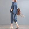 Damdenim Tvådelat Set Volangkrage Kortärmad Topp Cropped Byxor Lös Casual Outfit