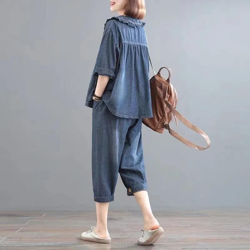Damdenim Tvådelat Set Volangkrage Kortärmad Topp Cropped Byxor Lös Casual Outfit
