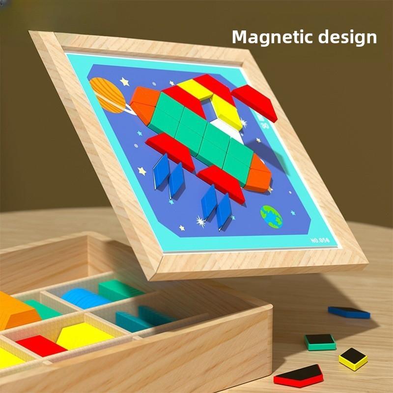 Kids Magnetic Wooden Puzzle Board Geometric Building Blocks Cognitive Skills