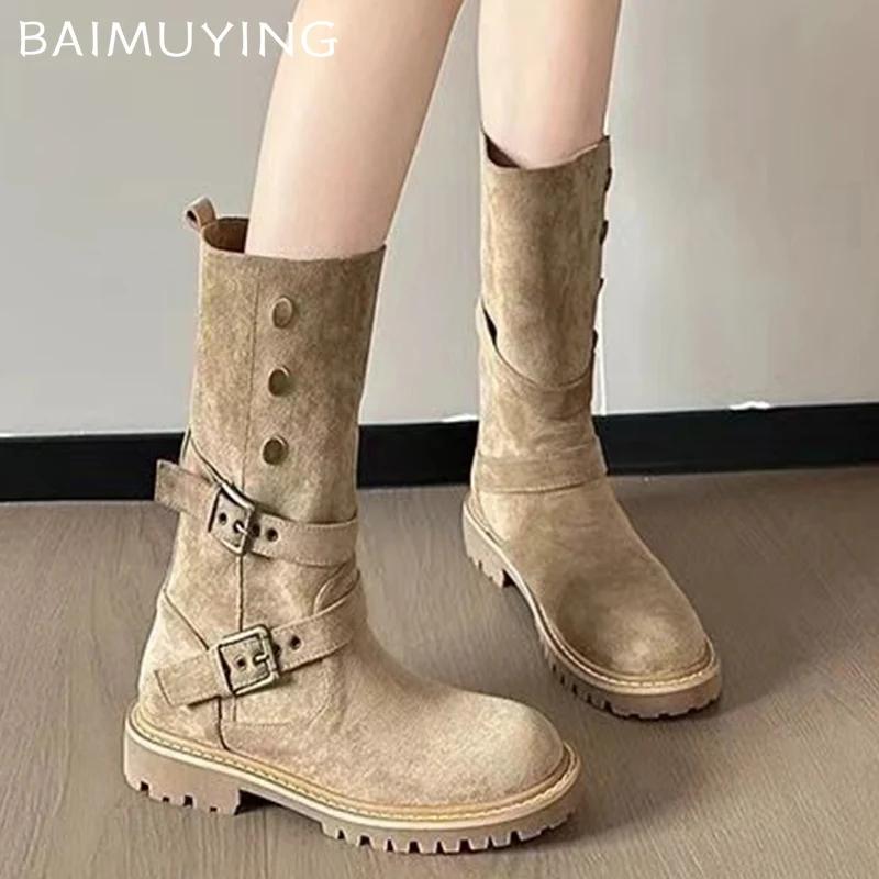 Wildleder Klobige Damen High Boots Designer Schnalle Mittelhohe Absätze Schuhe 2025 Trend Winter Pumps Goth Mid Calf Motorrad Botas De Mujer