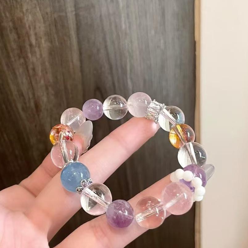Bracelet Original Perles Quartz Rose, Aigue-Marine et Améthyste au Design Simple
