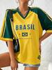 Summer Fashion New Brazil Style T-Shirt Women Patchwork V-Neck Short Sleeve Tees Casual Sports Football Jerseys Y2K Street Tops