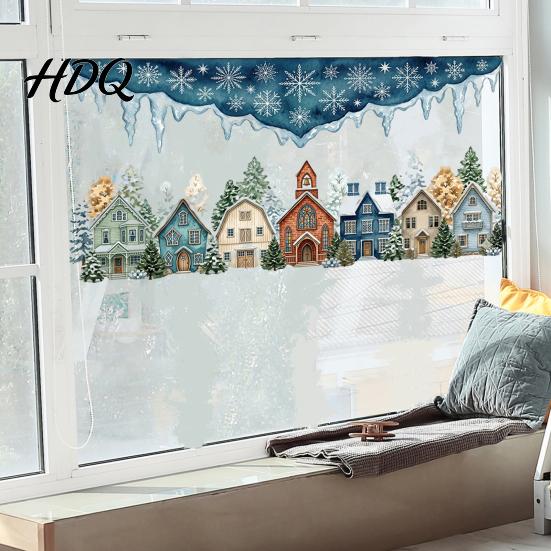 Transparent Decorative Film Christmas Winter Village Static Window Clings, Snowflake Snow House Wonderland Decals Stickers, Removable for Xmas