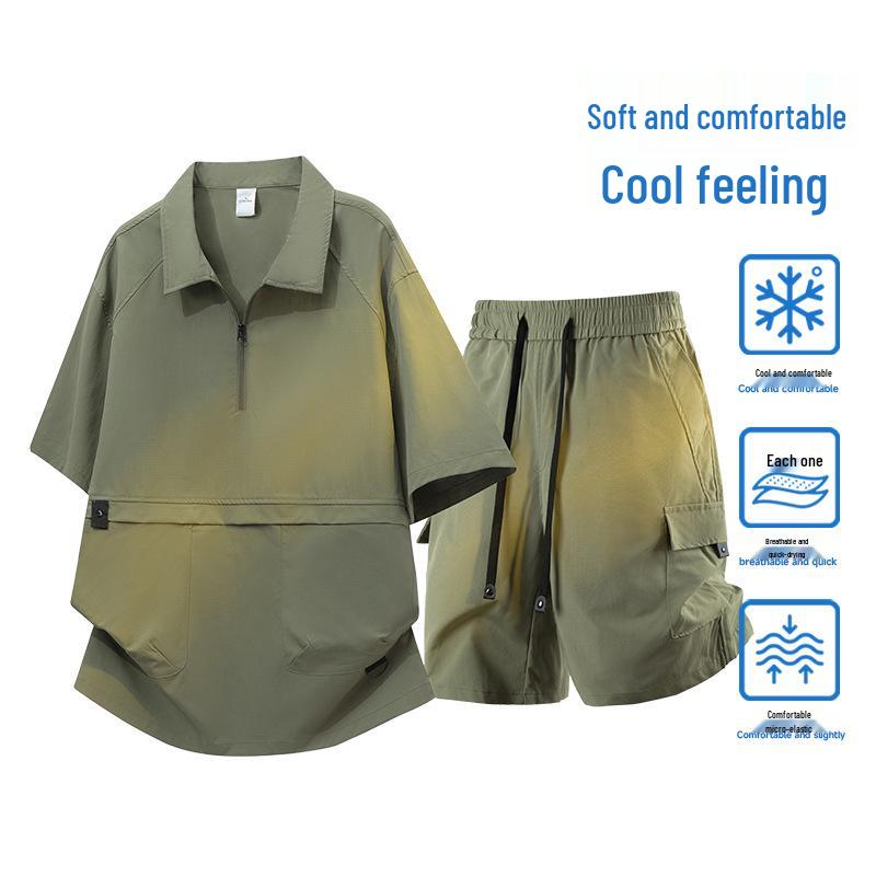 Men's Ice Silk Quick-Dry Half-Zip Polo & Shorts Set - Summer Lapel Casual Workwear
