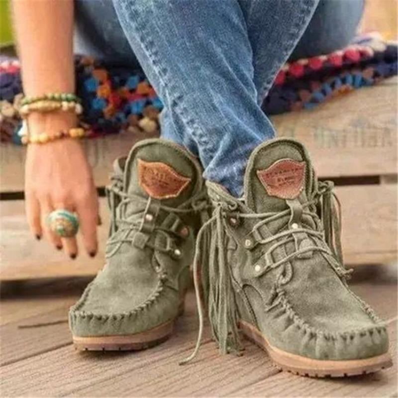 

20 Winter new thick-soled 0-4 fringed boots lace-up women s short boots k large-size rivet bare boots 35