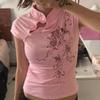 Summer Chinese style loose slimming slant buckle slim fit short sleeved T-shirt for women