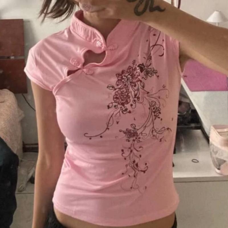 Summer Chinese style loose slimming slant buckle slim fit short sleeved T-shirt for women